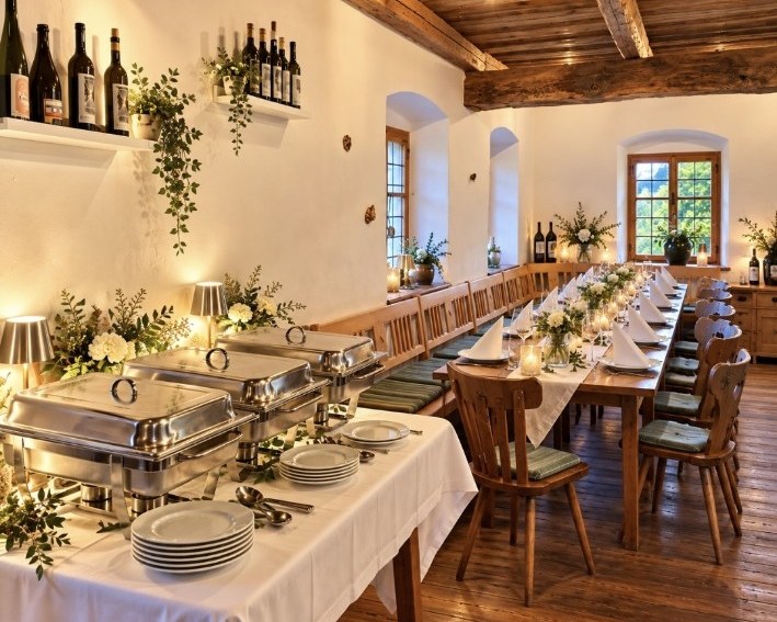 Festlich gedeckter Gastraum für Feiern und Buffets